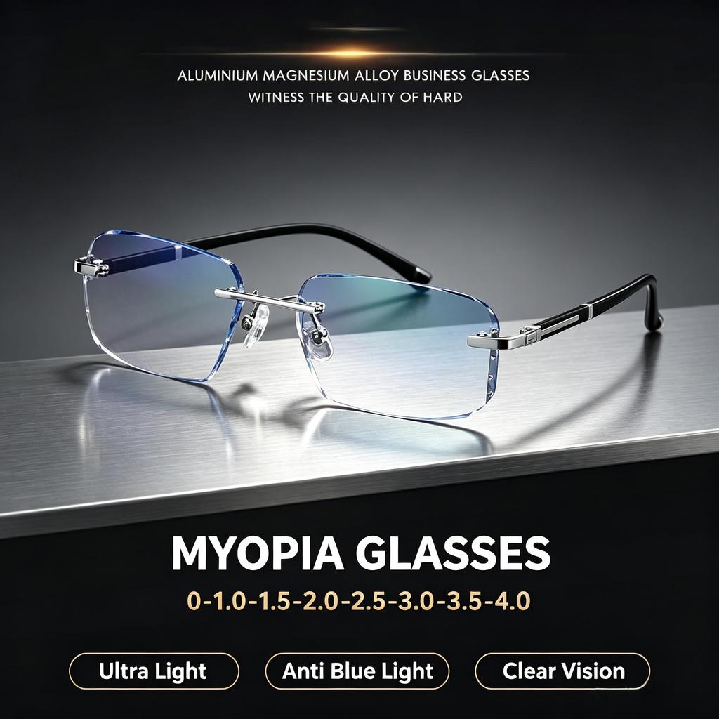 Luxury Frameless Diamond Cut Edge Minus Glasses for Men Women Ultralight HD Anti Blue Light Myopia Eyeglasses Diopter 0 To -4.0