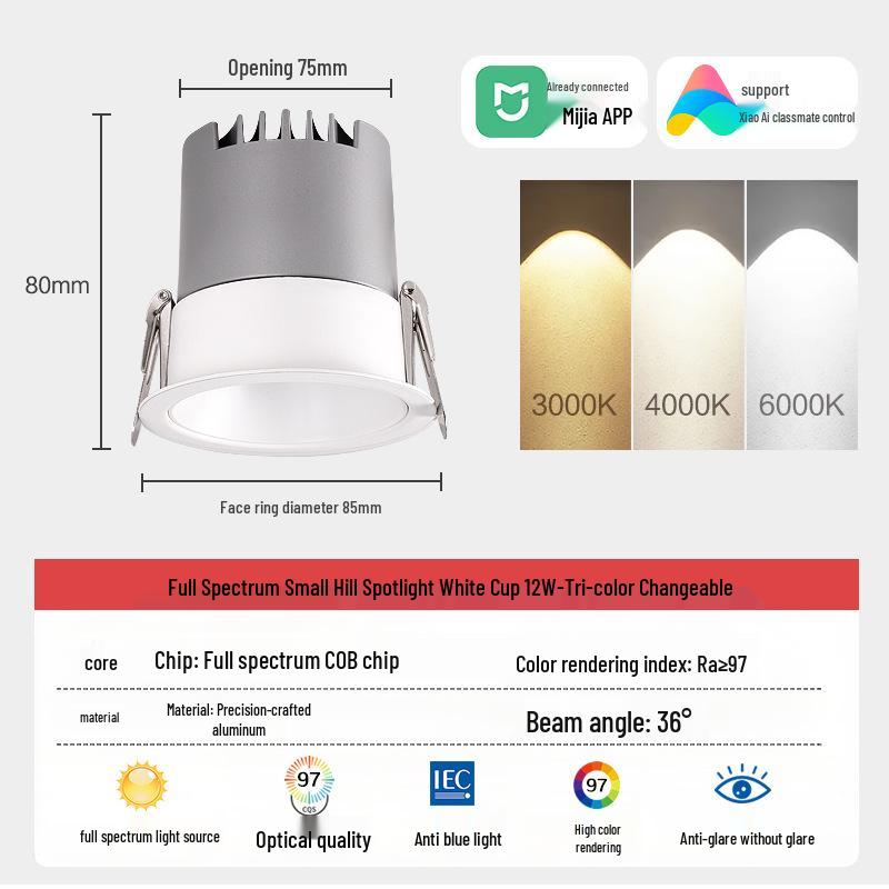 Small Hill COB Recessed Anti-Glare LED Spotlight for Living Room Ceiling, Full Spectrum.