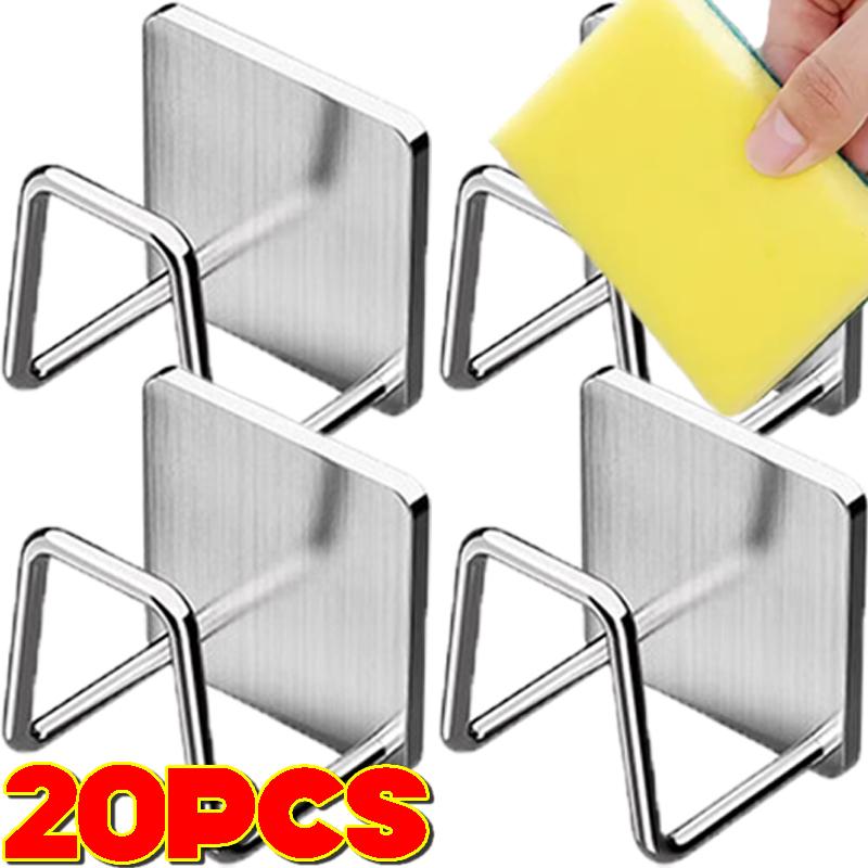 1-20x Stainless Steel Kitchen Sponge Holder Wall-Mounted Scrubber Racks with Strong Adhesive Multi-Functional Draining Hooks