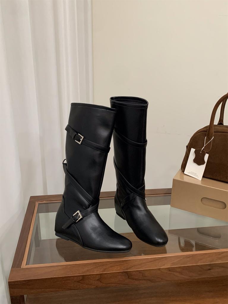 Inner Height Increasing Coffee Suede Stacking Boots Boots Women's Boots Autumn and Winter Vintage Maillard Long Knight Boots