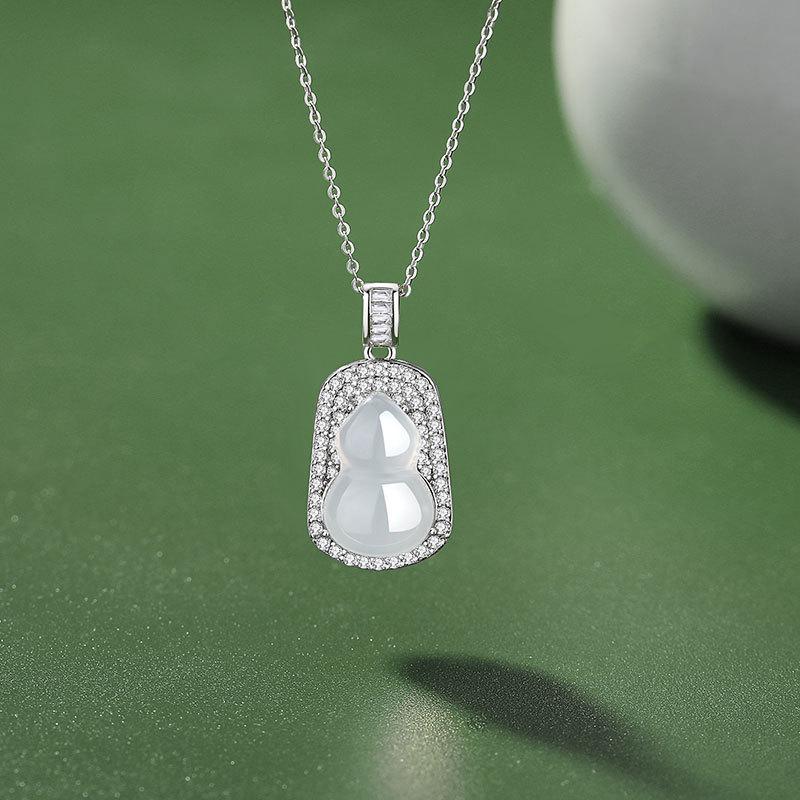 Tichiya S925 Sterling Silver Chalcedony Gourd Necklace - Chinese Style Women s Fu Lu Pendant S925 Silver
