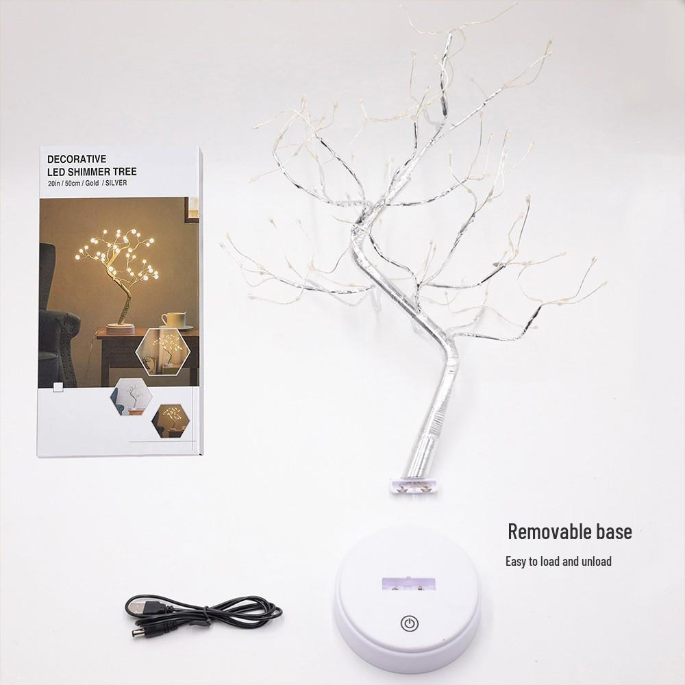 LED Bonsai Tree Lamp: Silver Branches with Pearls and Gold Leaf, Perfect for Christmas or Night Lighting