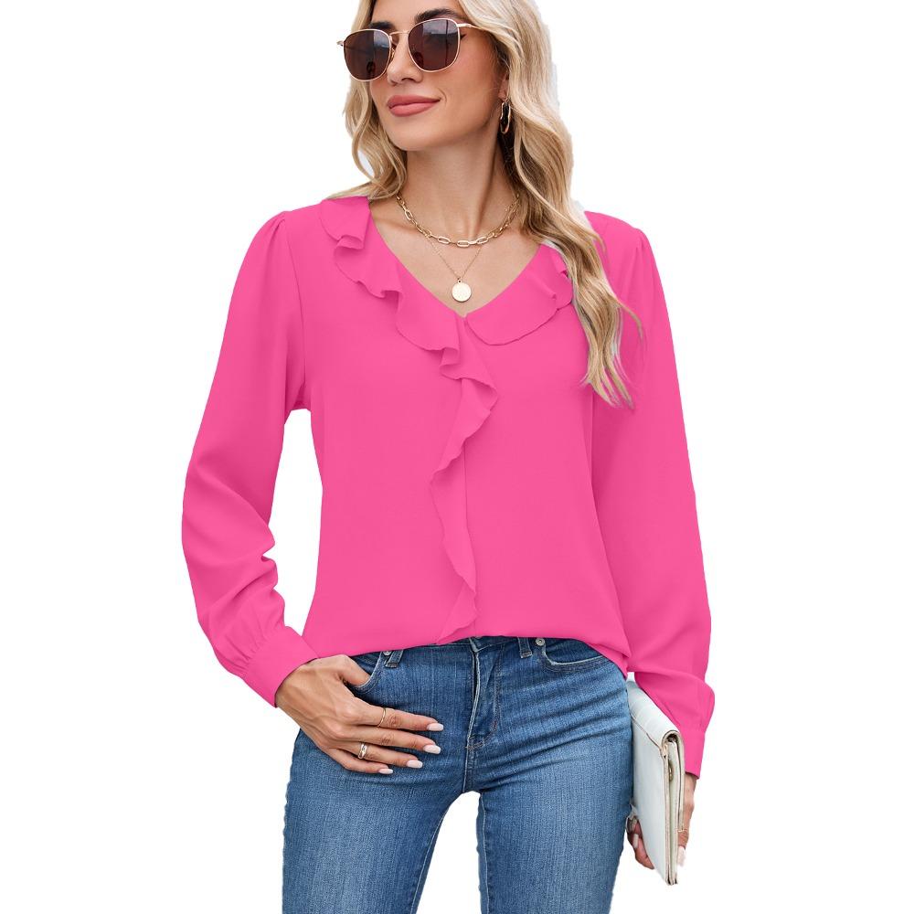 Women's V-Neck Long Sleeve Solid Color Blouse Loose Fit Casual Basic Polyester Top