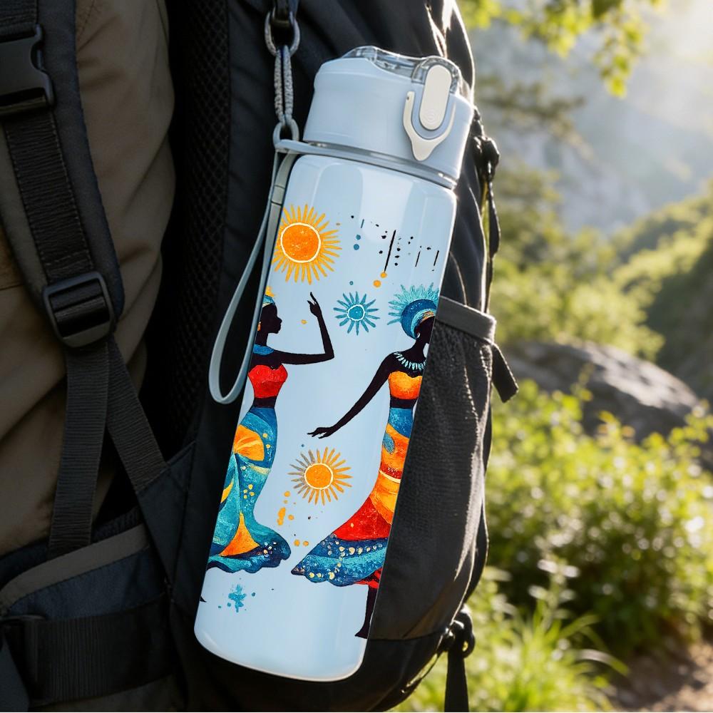1PC Dancing African Ladies 750ml Color Plastic Sports Water Bottle Leakproof Flip Straw Lid Suitable for Sports Office Home Use