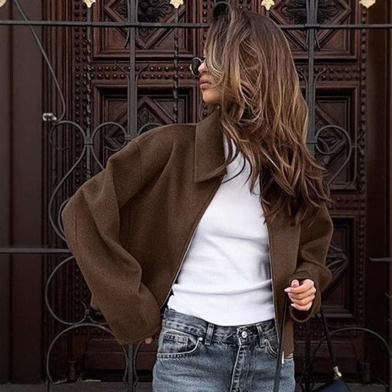 Chaqueta Corta Retro de Color Sólido para Mujer Europea y Americana con Solapa