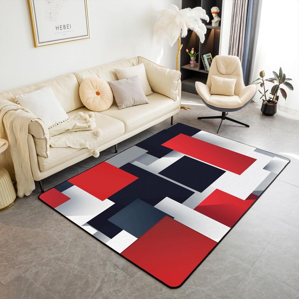 Contemporary Earthy Tone Themed Rug,Red Brown Beige Abstract Wave Non-Slip Floor Mat for Bedroom Living Room Office Decor Carpet