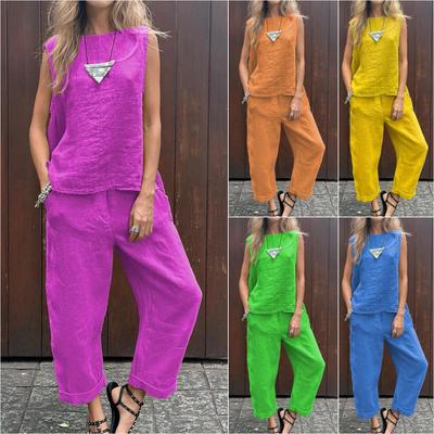 Damen Casual Ärmelloser Pullover Baumwolle Leinen Weitbein Hose Einfarbig Anzug