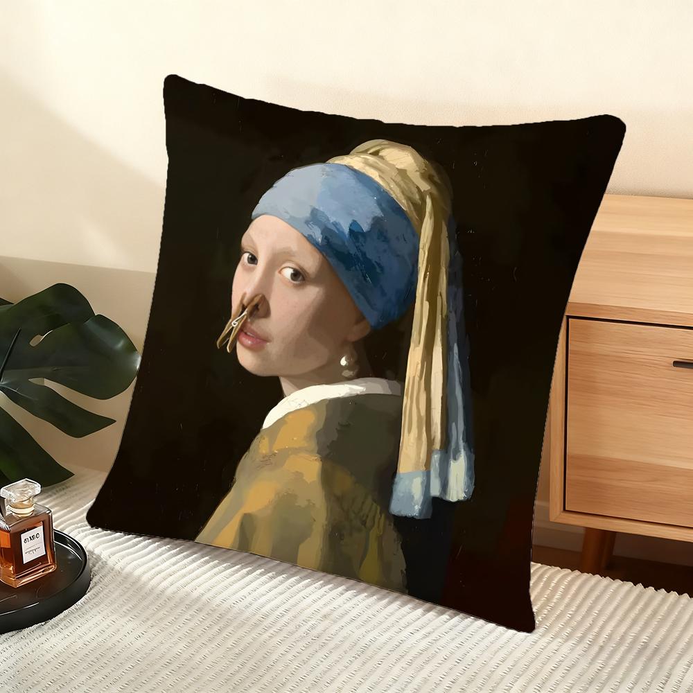 Mona Lisa Wearing Pearls Girl Cushion Cover Soft Short Plush Pillow Cover Smooth Cozy Texture Aesthetic Cushion Case Home Decor