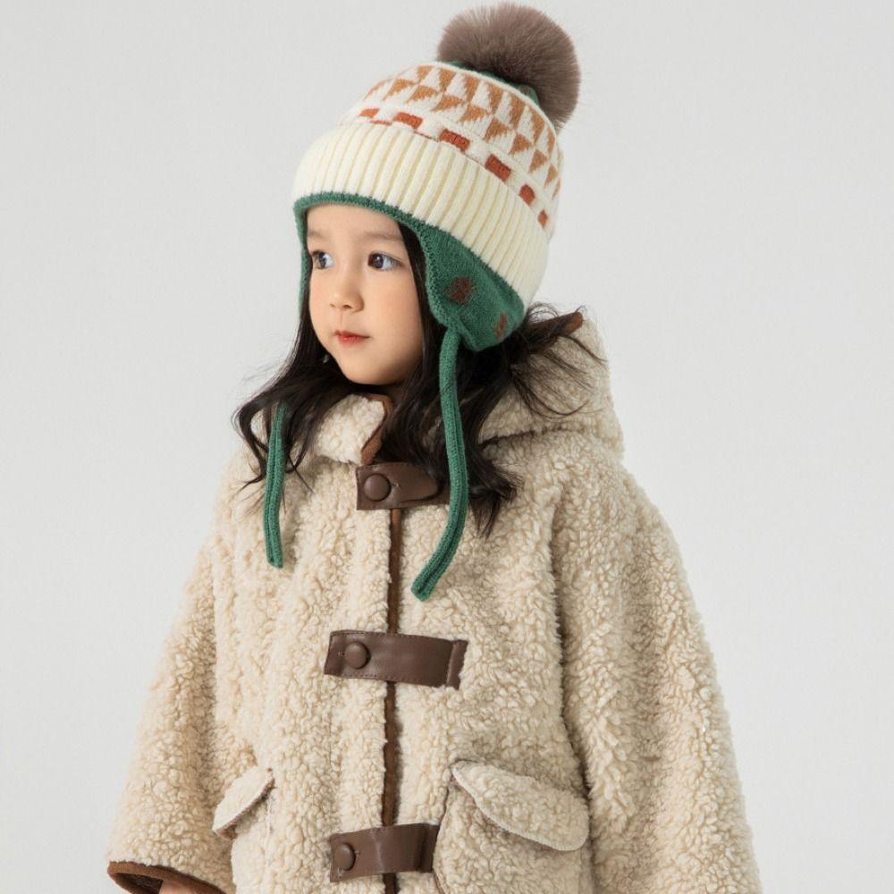 Jacquard Baby Knitted Hat Hairball Kids Earmuffs Cap Fashion Children Beanies Cap  Windproof