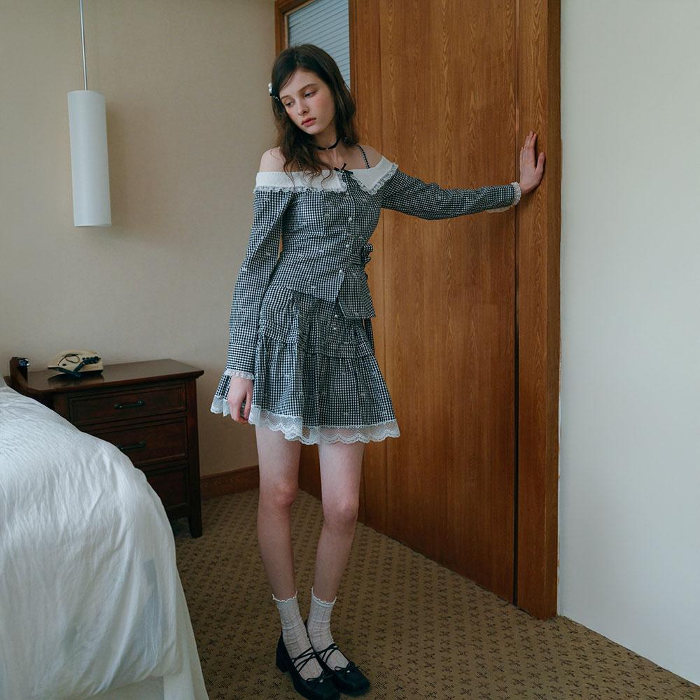 Ceme Adu Cest_Check Lace Shirring Skirt