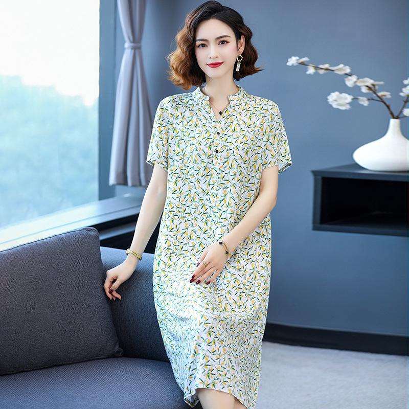 

2024 Women s Floral Mid-Length Cotton Silk Slimming Plus Size Skirt Dress 2XL