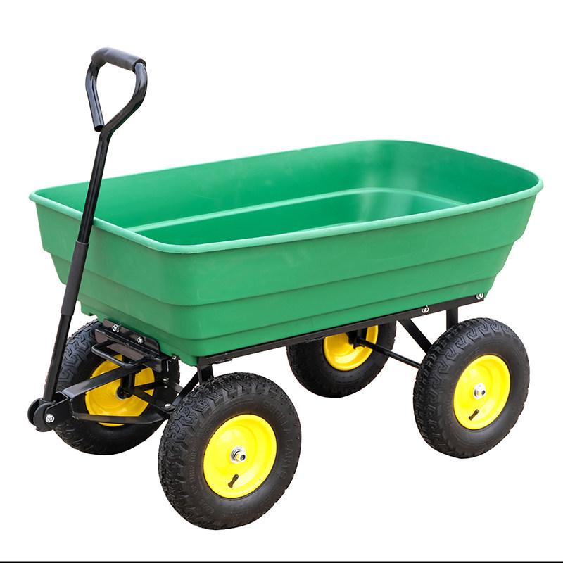 Four-Wheeled Tipping Trailer: Portable Plastic Flatbed Cart for Agricultural and Household Transport