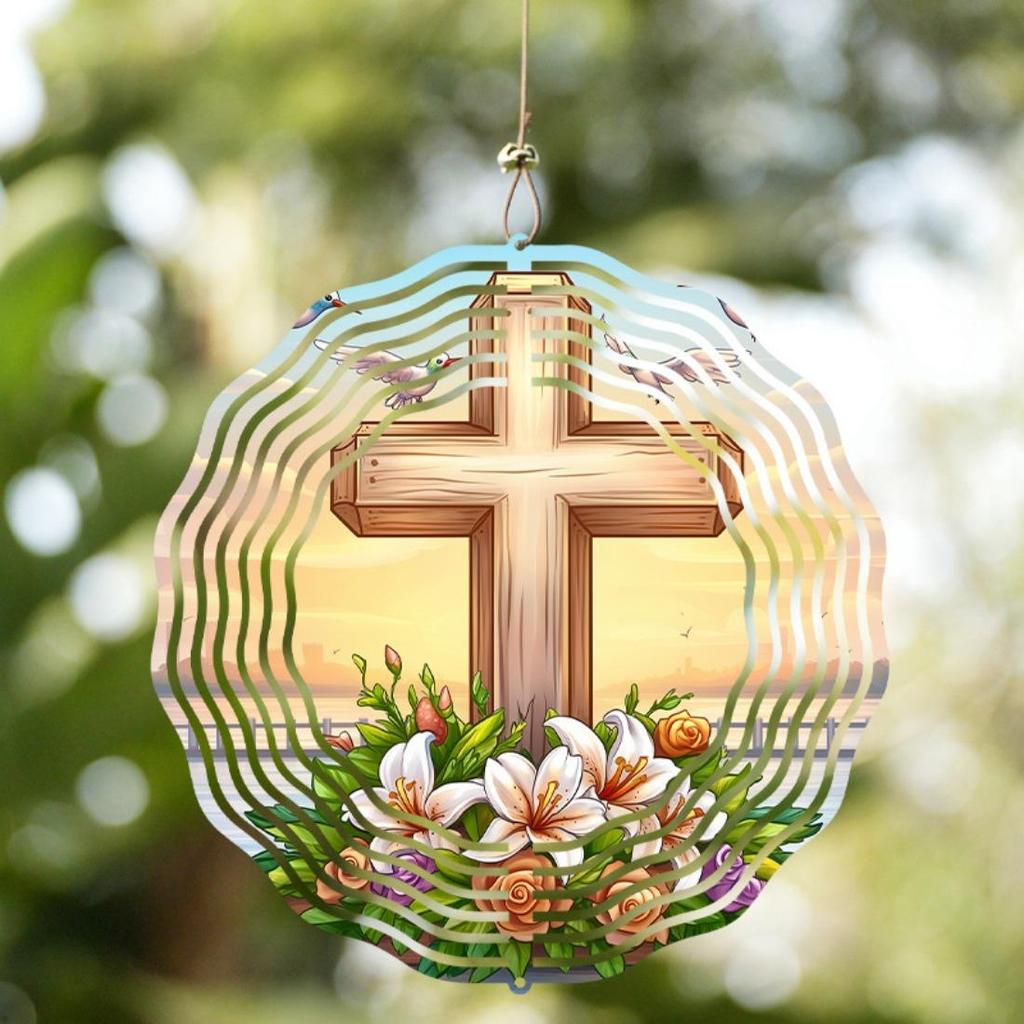 Elegant 3D Rotating Cross Metal Wind Spinner - Serene Sunrise Design with Lilies & Doves, Handcrafted Foldable Windmill for Festive Outdoor Decor