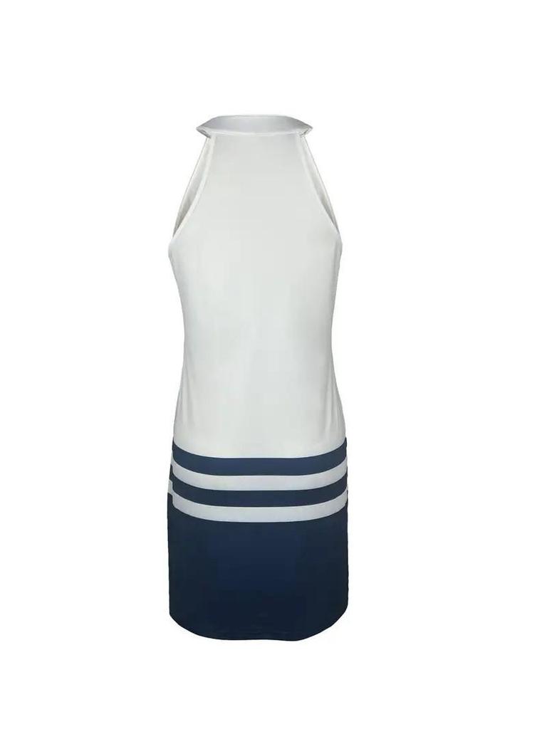 Navy Anchor Print Halter Dress with Stripes and Patchwork Sleeveless Design