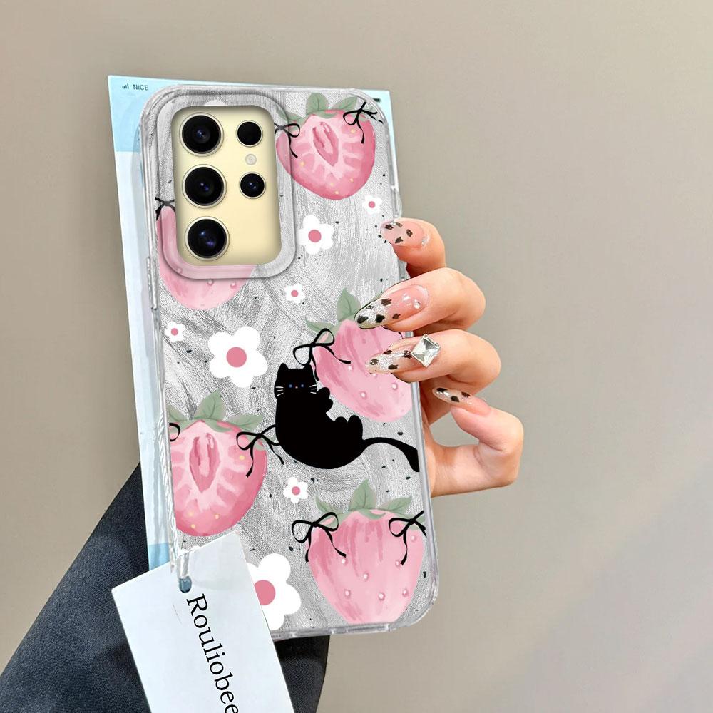 Pinke Frucht Kirsche Schmetterling Feder Textur Handyhülle für Samsung Galaxy S25 S24 S23 S22 S21 FE Plus Ultra Hülle Silikonabdeckung