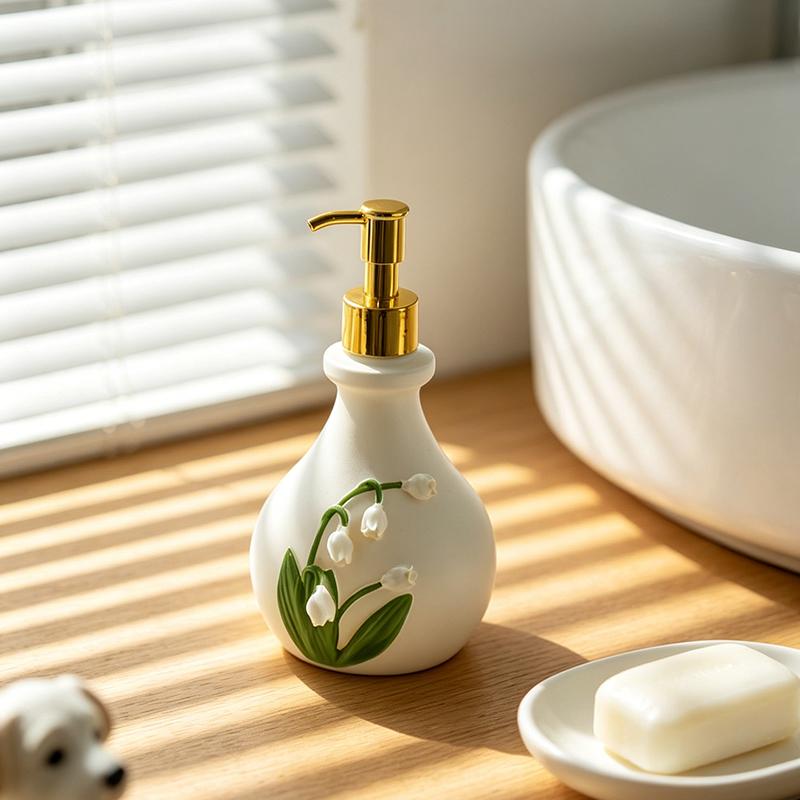 Modern White Ceramic Soap Dispenser Bottle Embossed Lily of the Valley for Bathroom Kitchen Sink Decor Housewarming Gift