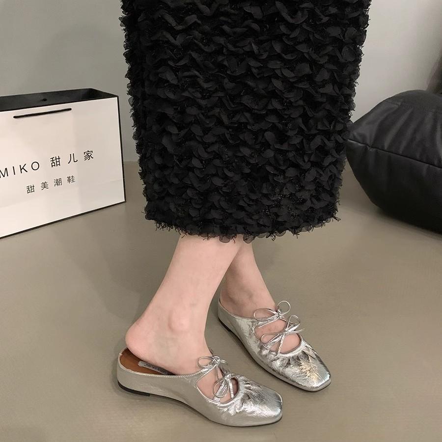 Inner Height-increasing Bow Silver Bag Head Half-drag Women's Shoes Fashionable Outer Wear 2025 New Summer Mary Jane Sandals