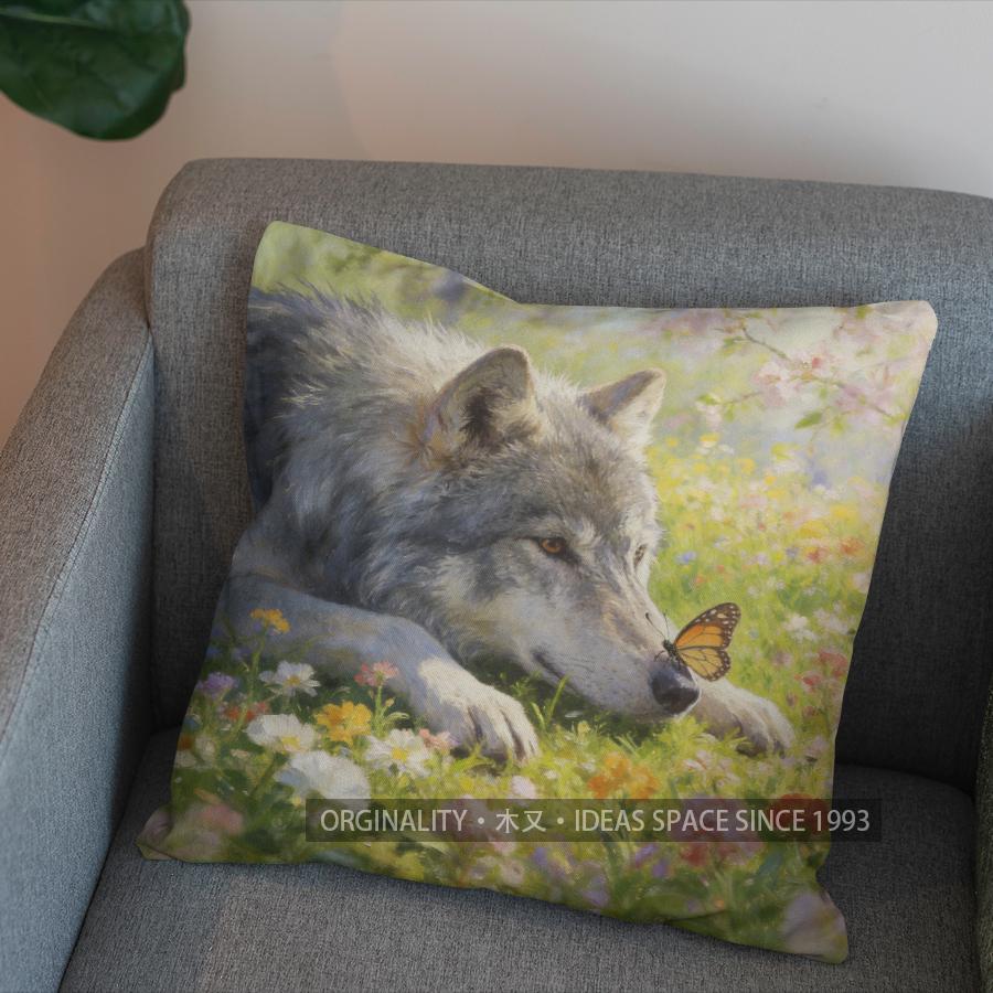2D Wolf auf malerischen Wiesen Bedruckte Kissenbezüge Muster Kissenbezug Geeignet für Sofa Schlafzimmer Auto Kissenbezug