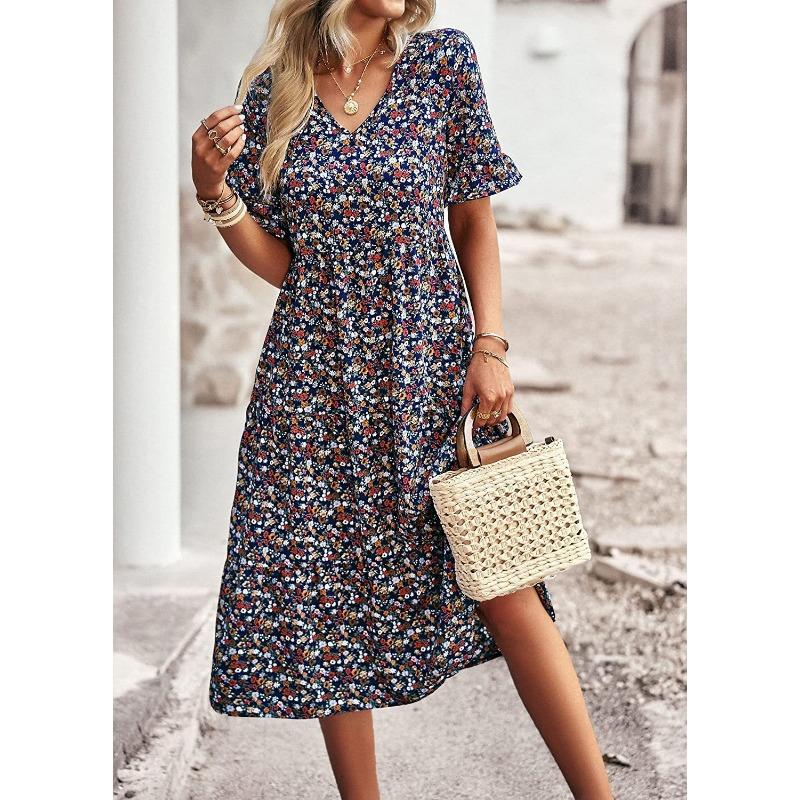 V-neck Short Sleeve Floral Printed Dress Summer Fashion Elegant Loose Long A-line Party Dresses Casual Bohemian Beach Slim Fit Elegant Clothing