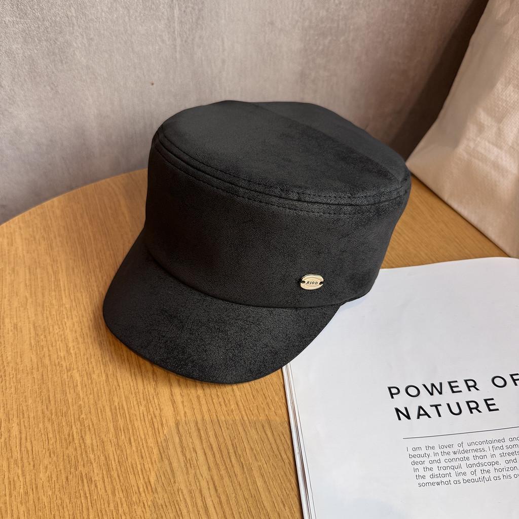 Simple Solid Color Gold Logo Decor Women Casual Suede Beret Hat Fall For