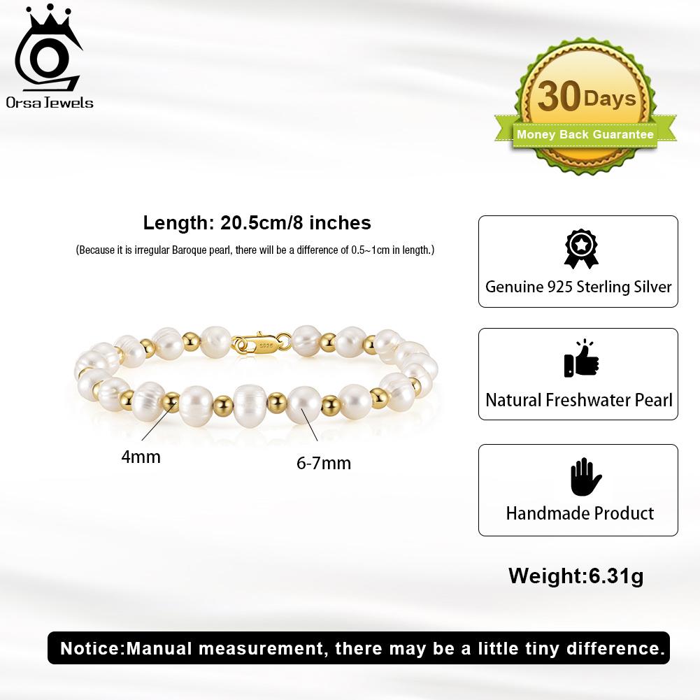 ORSA JEWELS 18K Gold Ball Bead Pearl Chain Bracelet for Men Women 6-7mm Cultured Freashwater Pearl Bracelet Party Jewelry NMB03