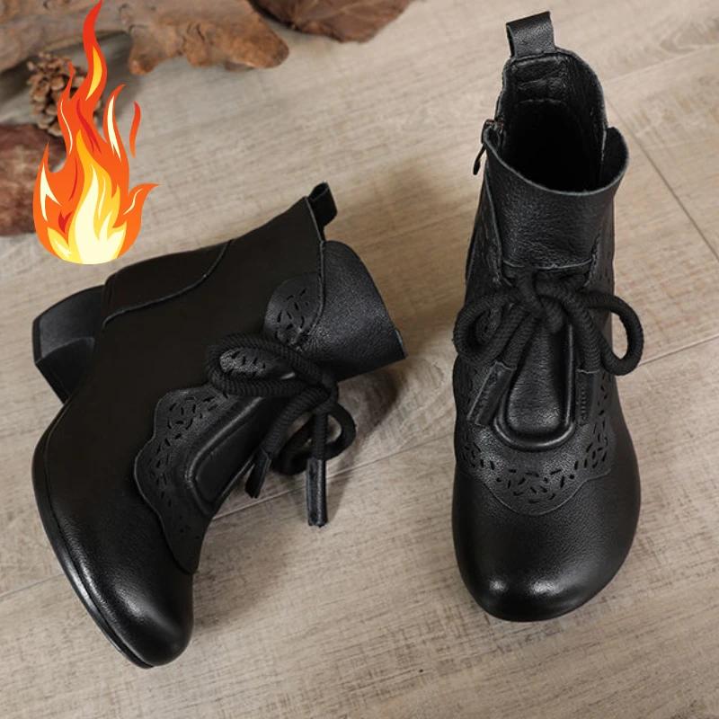 Women'S Leather Boots Ethnic Style Retro Mom Short Boots Soft Bottom Round Head Leisure Non-Slip Shoes