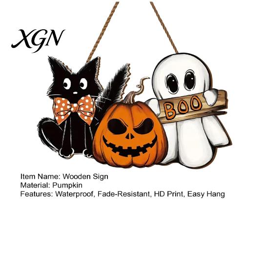 Halloween Party Supplies Wooden Door Sign, Pumpkin Ghost Boo Black Cat Welcome Funny Hanger Sign for Trick or Treat Indoor Outdoor Porch Wall Hanging