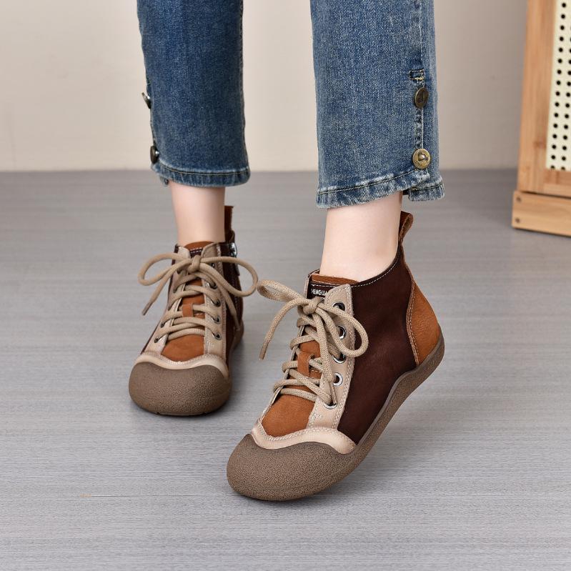 Longlin 2025 Damen Retro Colorblock Leder Stiefeletten - Weiche Sohle, Hässlich Süßer Stil