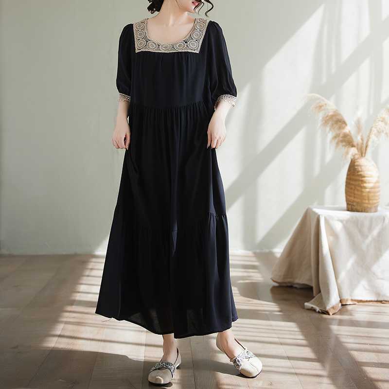 

Round Neck Loose Color Slimming Dress for Women One size чёрный