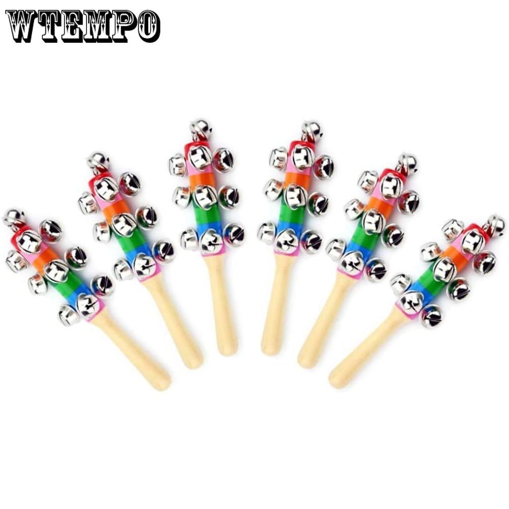 6pcs Wooden Jingle Hand Bells Rainbow Handle Wooden Bells Jingle Stick Shaker Rattle Musical Toys