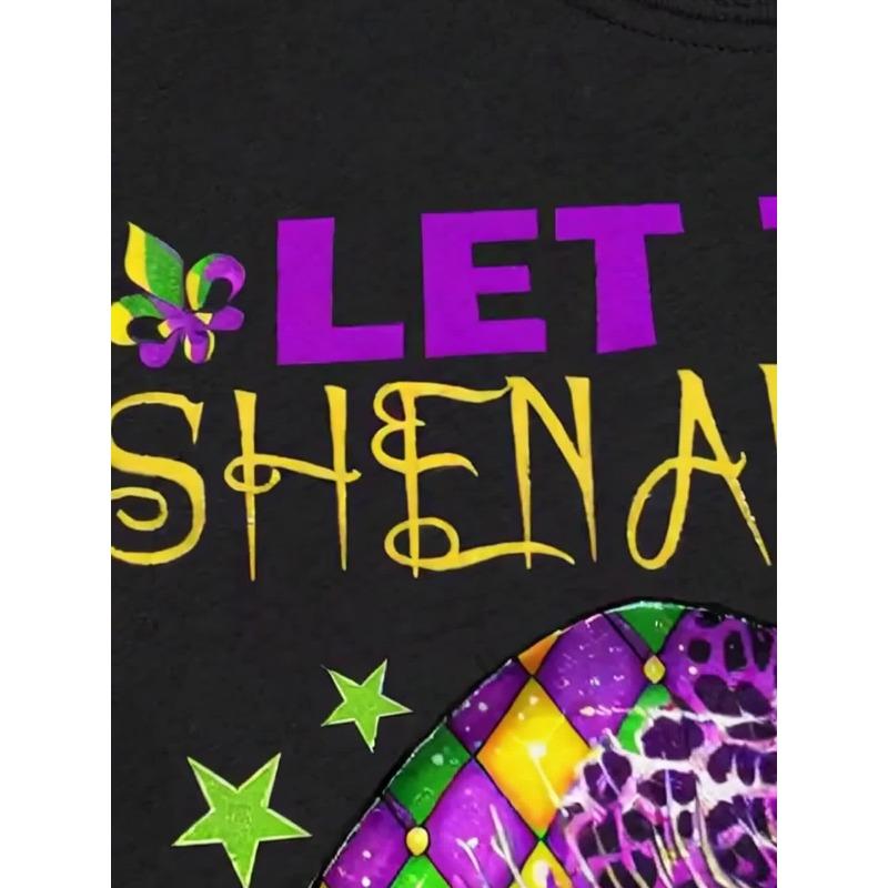 Women's Mardi Gras "Let The Shenanigans Begin" Graphic Black Casual Short Sleeve Crew Neck Tee
