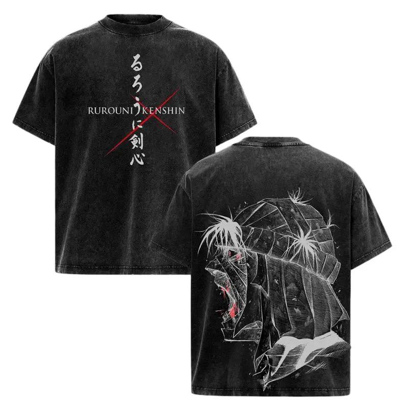 Rurouni Kenshin Manga Shishio Makoto T-shirt For Men Clothing Tops Washed Oversized T Shirt Cotton Short Sleeve Graphic Tees S