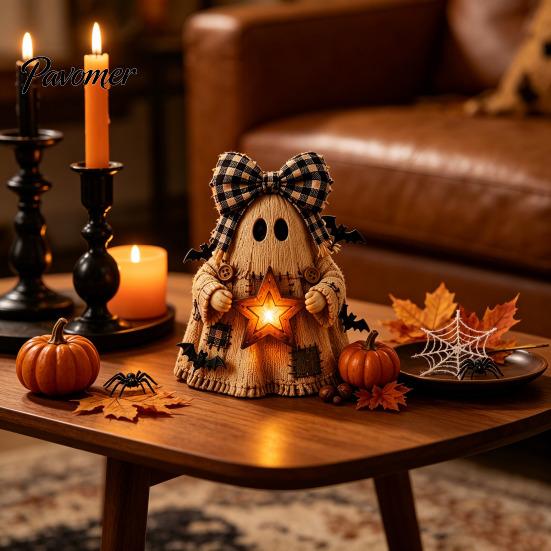 Atmospheric Window Displays Wooden Halloween Figurine with Lantern, Pumpkin Scarecrow Skeleton Mummy Ghost Witch Seasonal Tabletop Accessories Statue,
