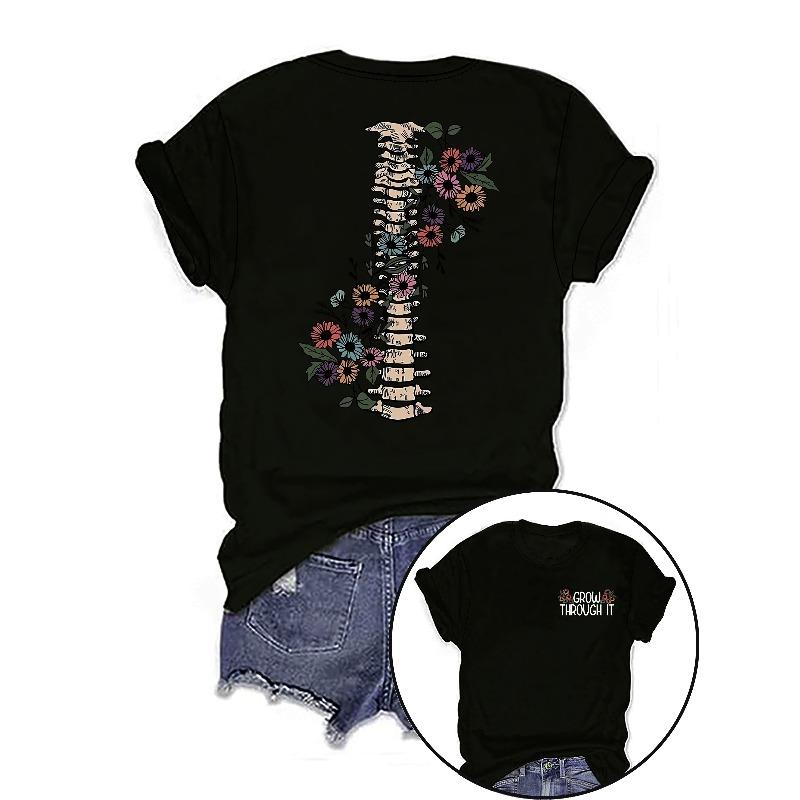 

European Size GROW Bone Flower Pattern, Fashion Women s Top T-Shirt 4XL чорний