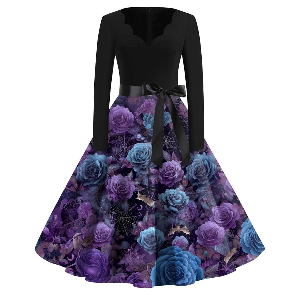 Women's Casual Fashion Halloween Printed V-Neck Vintage Dress