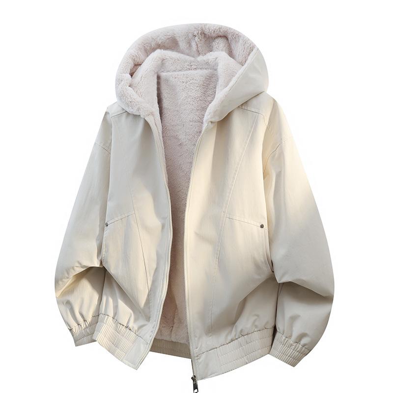 Winter 2025 Men s Thickened Hooded Jacket - Trendy, Warm, Plus Velvet, American Style 2XL грязно-белый