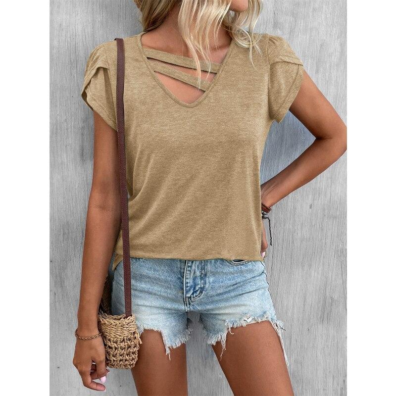 Fashion V-Neck Tops Sweet Casual Shirt Summer 2023 Petal Sleeve Blouse Female Loose Solid Shirt Women Blusas Elegant 26036
