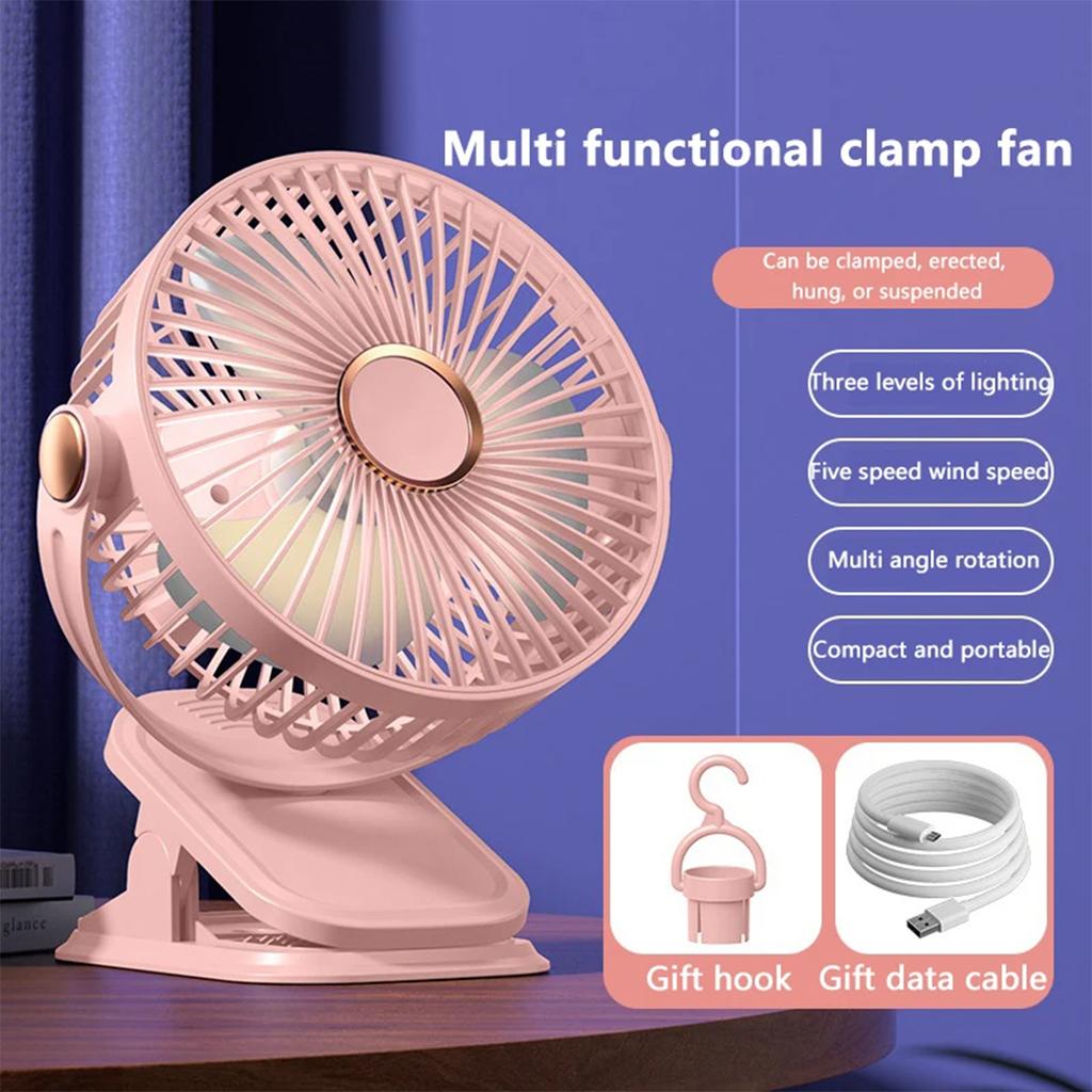 Small Fan 5-Speed Adjustable & 3-Mode Night Light USB Rechargeable Mini Fan for Outdoor 360° Rotatable Clip/Stand/Hang Design