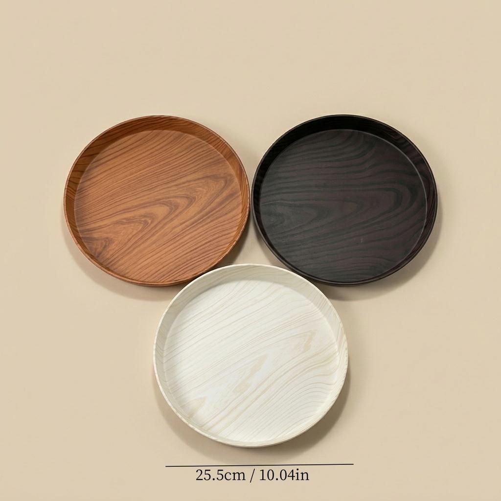 Stackable Round Wood Grain Plastic Vanity Tray Waterproof Bathroom Counter Organizer for Perfume Makeup Dressing Table Storage