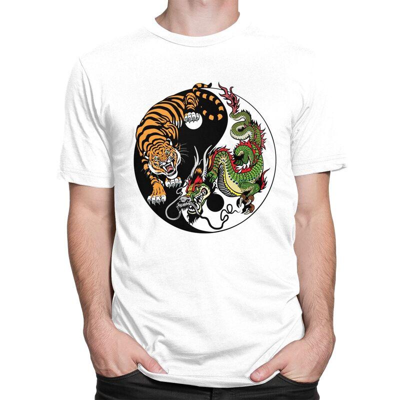 Custom Male Dragon And Tiger Yin Yang Symbol T Shirts Short Sleeve Cotton Tshirt Leisure Tees Slim Fit Clothes