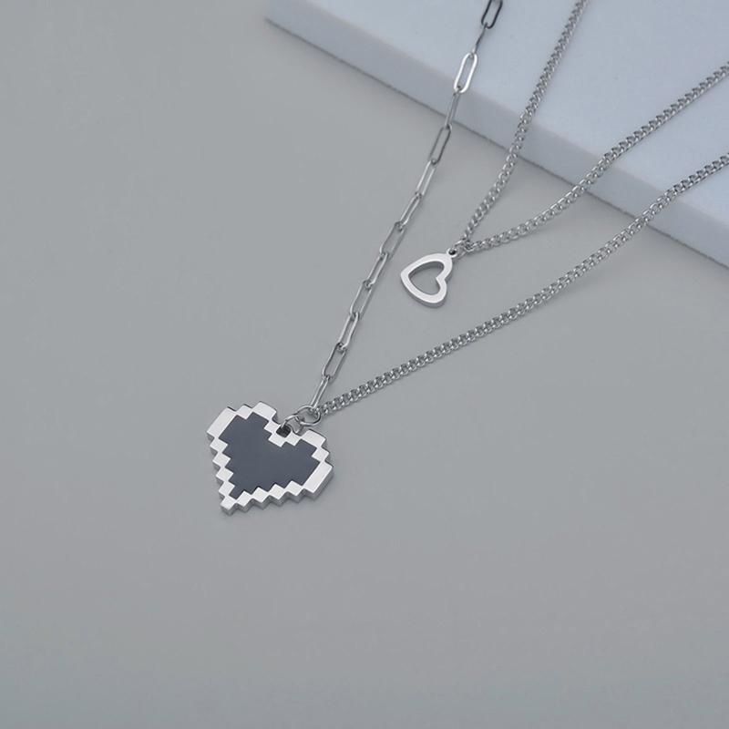 Korean Fashion Black Love Pixel Peach Heart Double Layer Womens Necklace For Fine Female Pendant Necklaces Party Jewelry