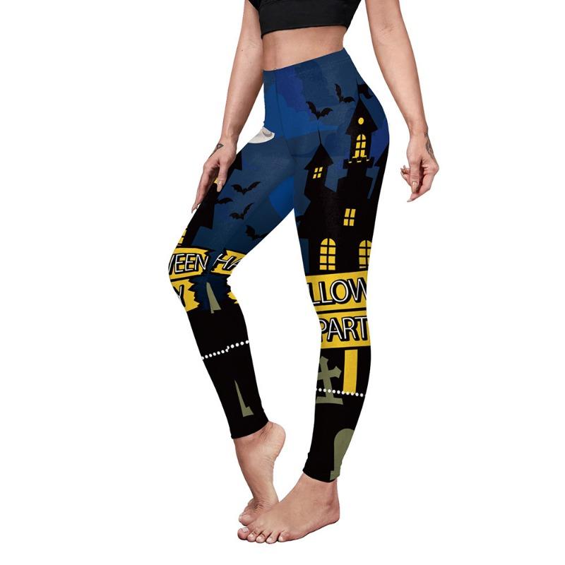 Halloween Costume Women's Pumpkin Spider Web Print Slim Fit Elastic Yoga Pants, Peach Butt Fitness Pants