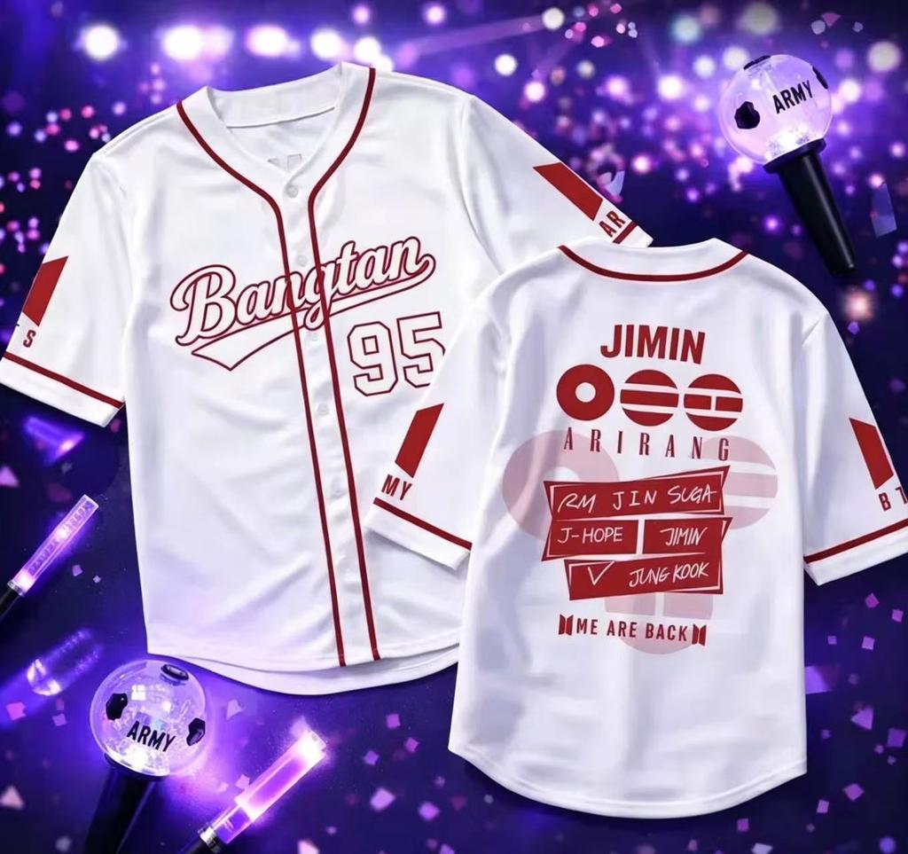 Kpop BTS Baseball Trikot Lila Kurzarm Cardigan Koreanische Streetwear Fan Support Hemd mit Knöpfen Konzertbekleidung für Damen und Herren
