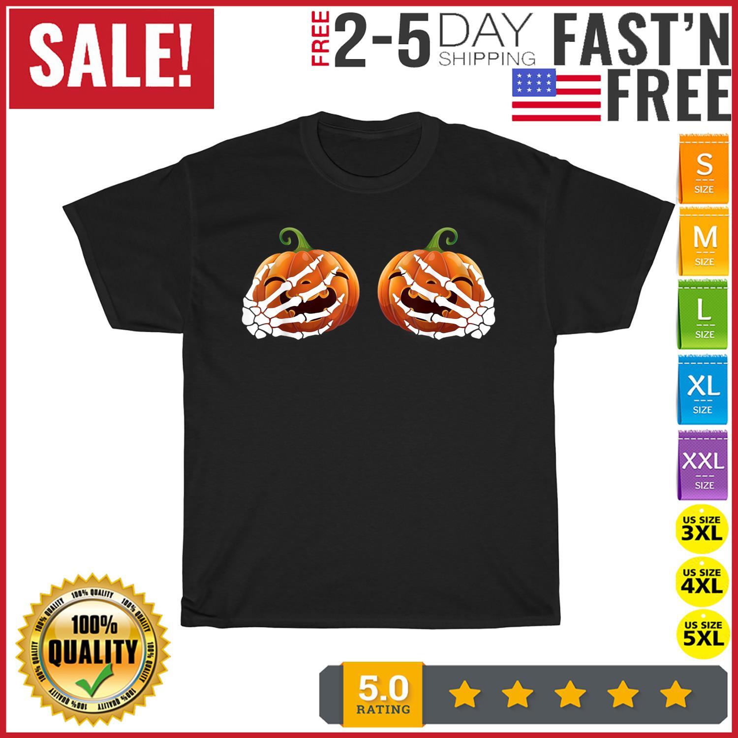 Halloween Skeleton Hands Holding Pumpkins Boobs Vintage T Shirt Mens Womens Tees Top Men Women NEW 3XL