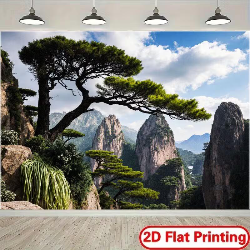 Majestic Huangshan Tapestry, Welcome Pine Tree Overlooking Towering Granite Peaks, Traditional Chinese Landscape Wall Art