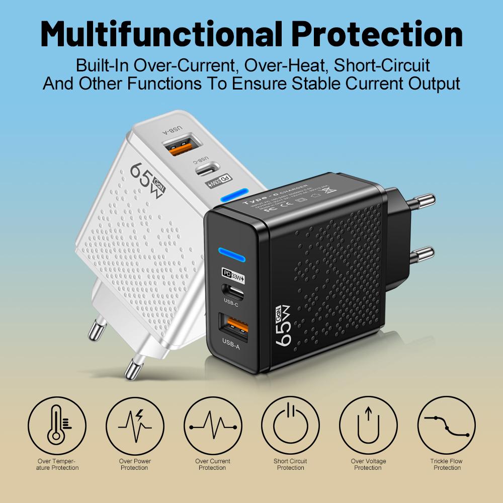 Total 65W USB Charger PD Type C Fast Charging Mobile Phone Charge Adapter For iPhone Xiaomi  Samsung PD Quick Charge QC3.0
