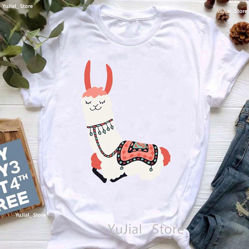 Kawaii Alpaca With Flowers And Coffee Print T Shirt Girls Summer Short Sleeve Tshirt Femme Fashion Tops Tee Shirt Female