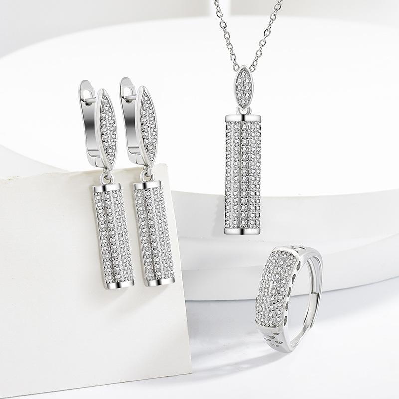 Fashion Creative Micro-inlaid Zircon Ear Buckle Ring Necklace Earrings Women s Jewelry Set Trendy Jewelry Ring Size:Adjustable