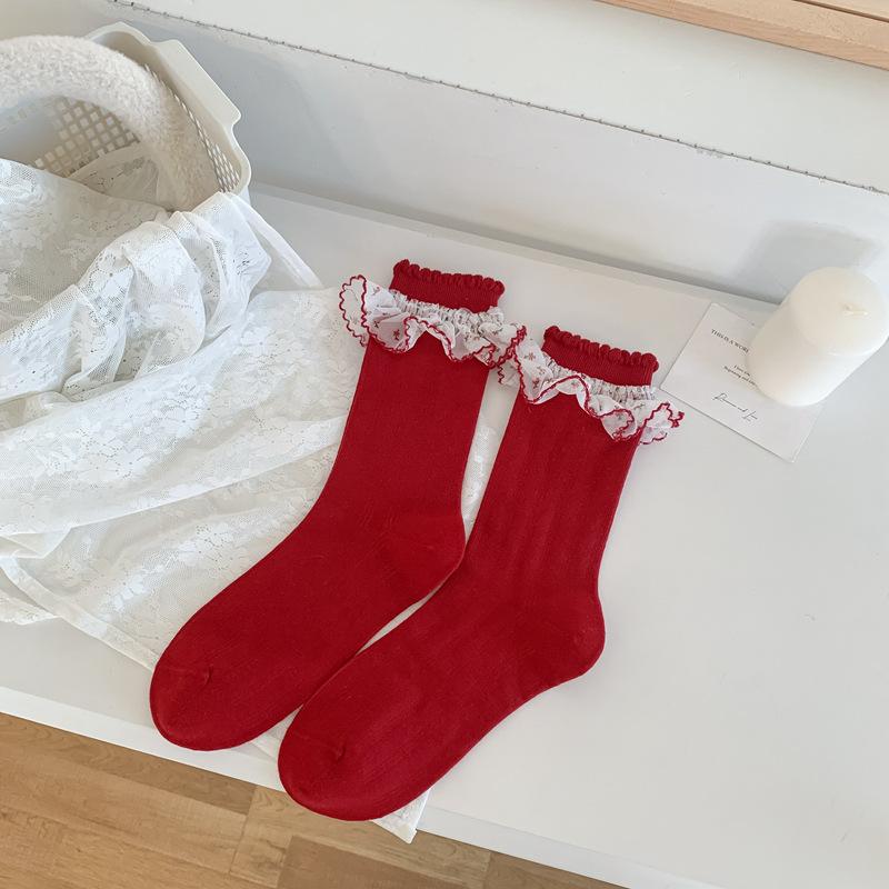 

5pair Socks Women S Explosive Red Medium Tube Socks Japanese Lolita Sweet Lace Stacking Socks Women One size