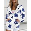 Printed Design Casual Style Blue Floral Print On White Women's Zip-Up Hooded Jacket